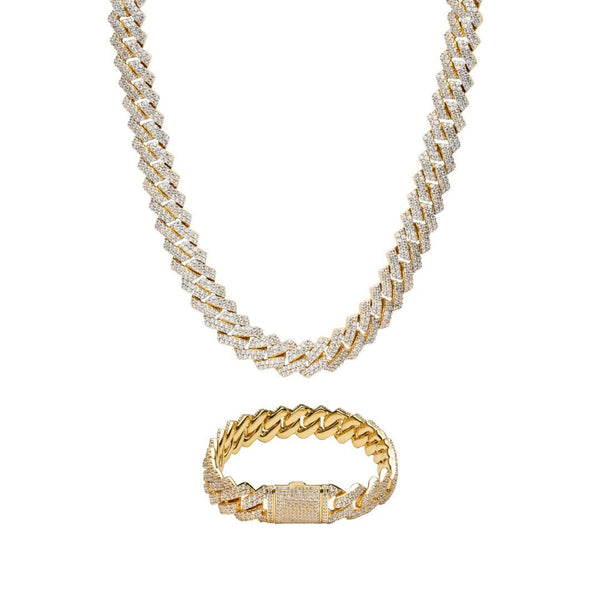 14mm Prong Link Chain + Bracelet Bundle - Gold