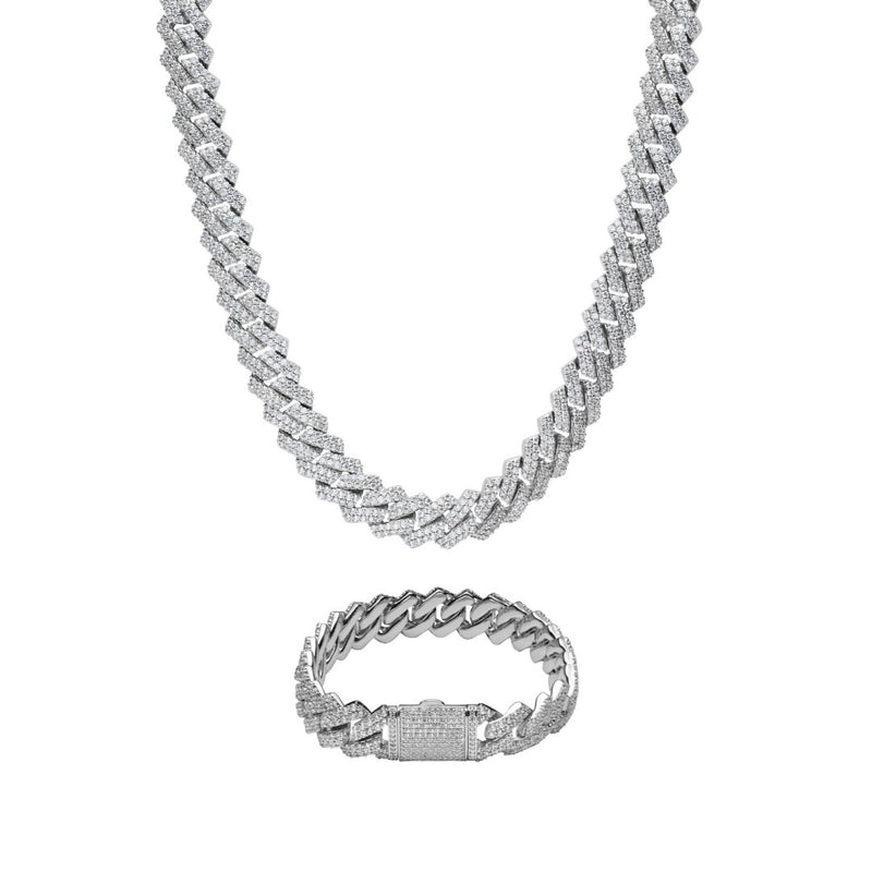 14mm Prong Link Chain + Bracelet Bundle - White Gold