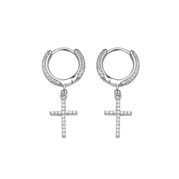 Iced Cross Earrings - Silver