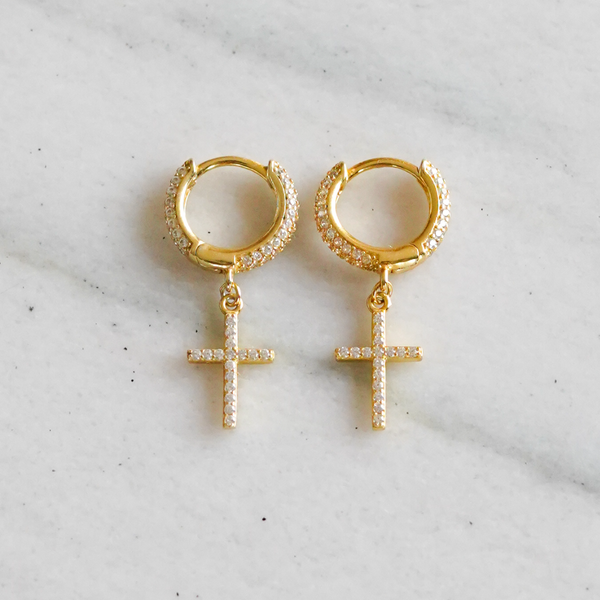 Iced Cross Earrings - Gold