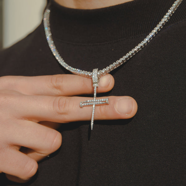 Diamond Nail Cross Pendant - White Gold