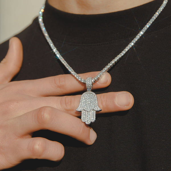 Iced Hamsa Pendant - White Gold