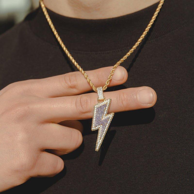 Iced Lightning Bolt Pendant - Gold