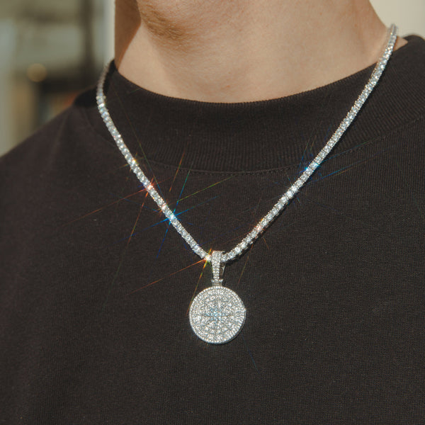 Iced Compass Pendant - White Gold