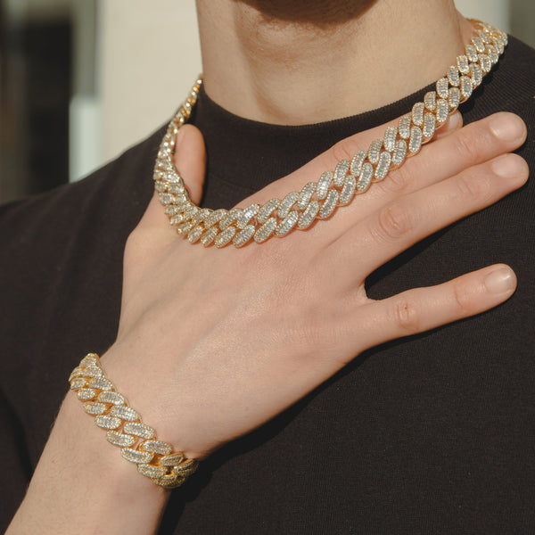 15mm Baguette Cuban Chain + Bracelet - Gold