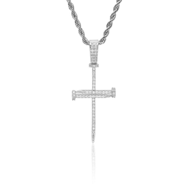 Diamond Nail Cross Pendant - White Gold