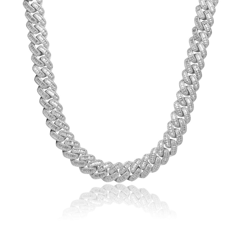 15mm Baguette Cuban Link Chain - White Gold