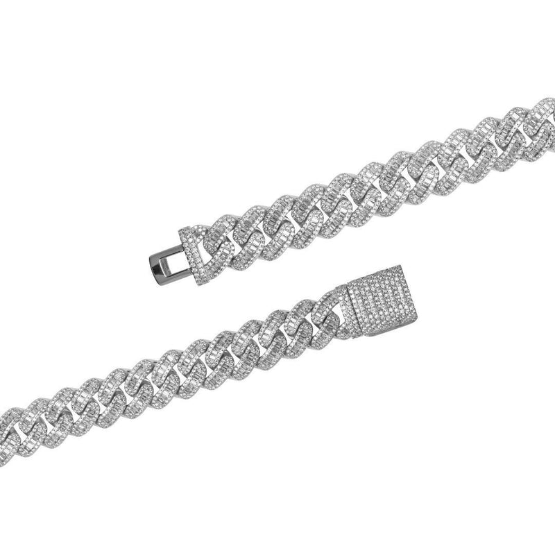 15mm Baguette Cuban Link Chain - White Gold