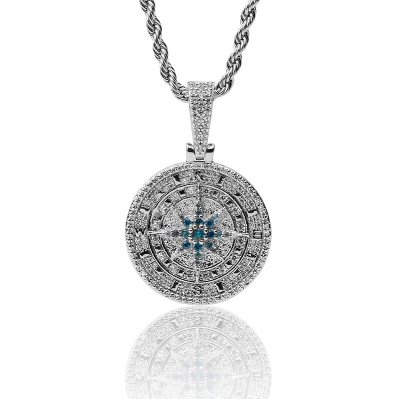Iced Compass Pendant - White Gold