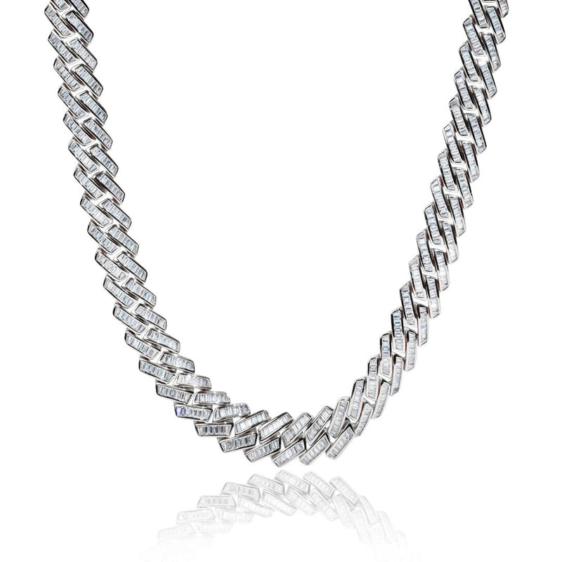 19mm Baguette Prong Link Chain - White Gold